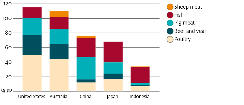 Total consumption in the United States is estimated at 115 kg, in Australia 110 kg per person, China 76 kg, Japan 68 kg and Indonesia 34 kg per person.
