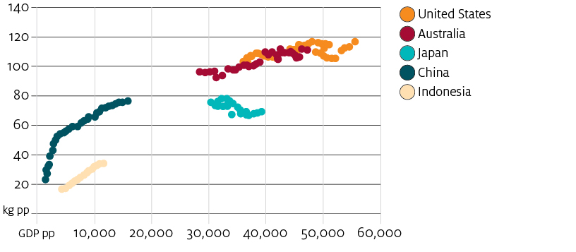 In China and Indonesia, meat consumption per person has shown a marked rise for a given increase in GDP. For a similar increase in GDP, meat consumption per person in Australia and the United States has shown a relatively small increase.