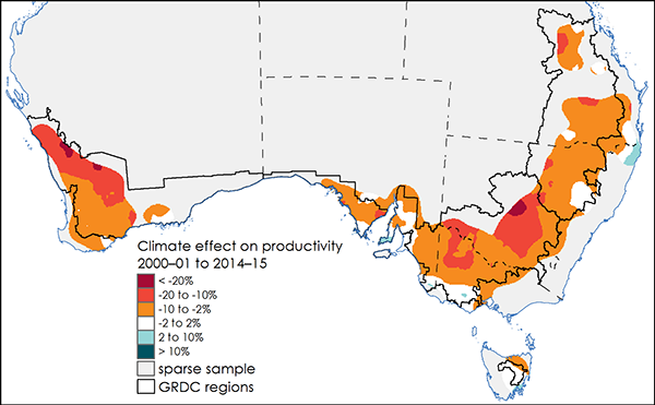 This map depicts the climate effect on productivity levels in cropping farms in Australia from 2000-01 to 2014-15 with the range of effect indicated by a colour percentage range.