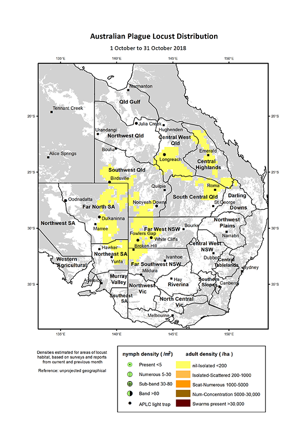 Map of Australian plague locust distribution 1 Octoberto 31 October 2018