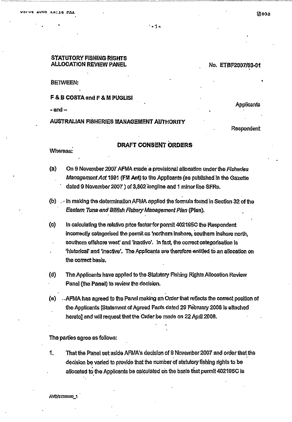 This is an image of a draft consent order between F & B Costa and F & M Puglisi and Australian Fisheries Management Authority.