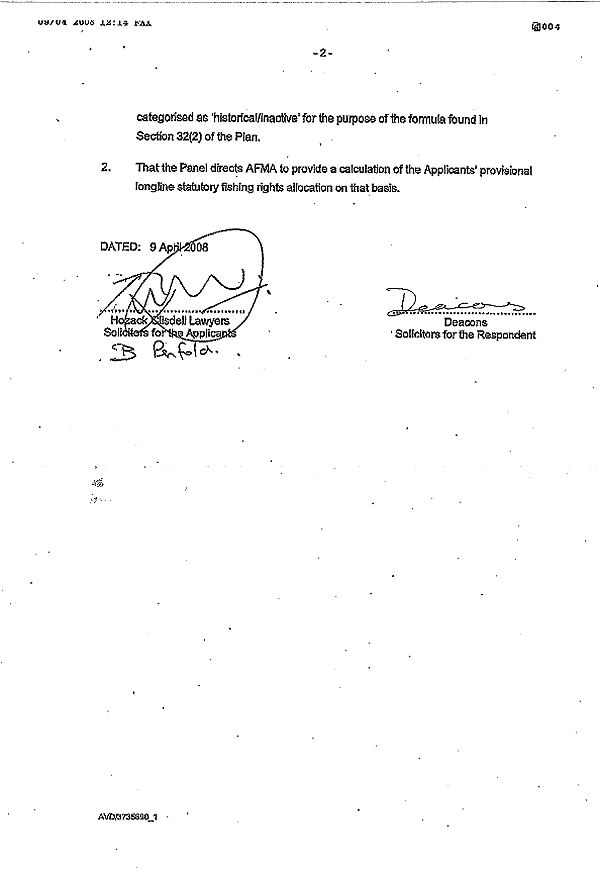 This is an image of a draft consent order between F & B Costa and F & M Puglisi and Australian Fisheries Management Authority.