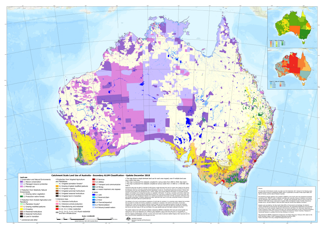 Thumbnail image of Map of Catchment Scale Land Use of Australia (CLUM) update September 2017. The main map shows land use dataset, based on the ALUM secondary classes. Inset maps show the date of mapping and the scale of mapping of the source vector data that were combined to generate the CLUM raster dataset.