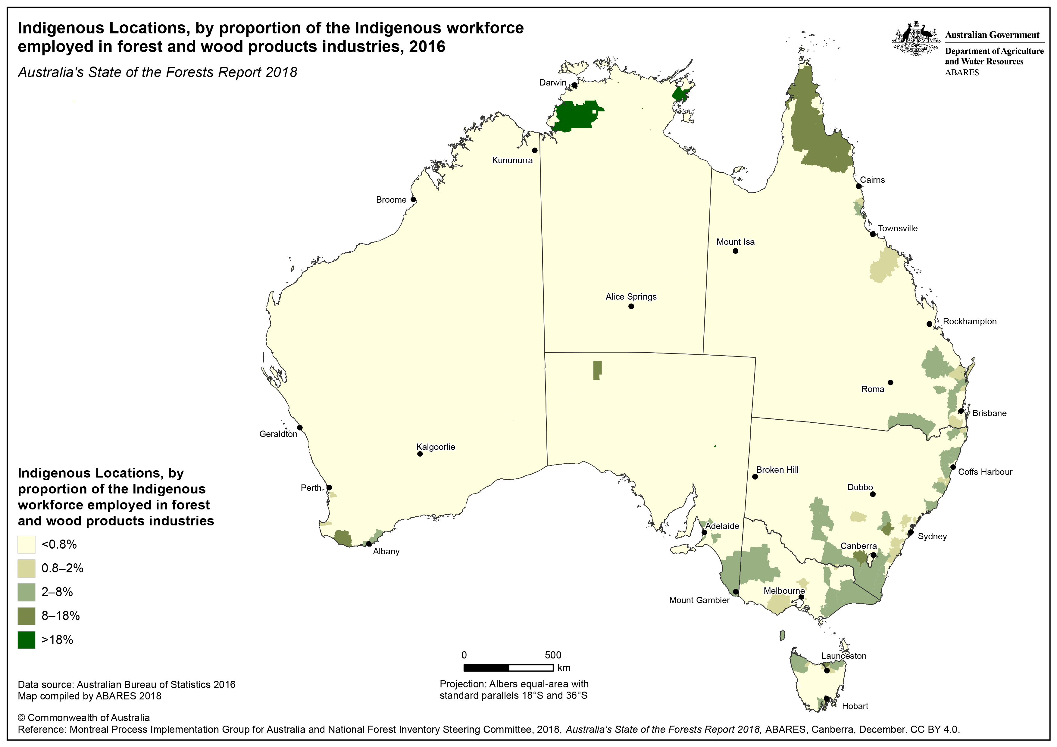 A map of Indigenous Locations, by proportion of the Indigenous workforce employed in forest and wood products industries.