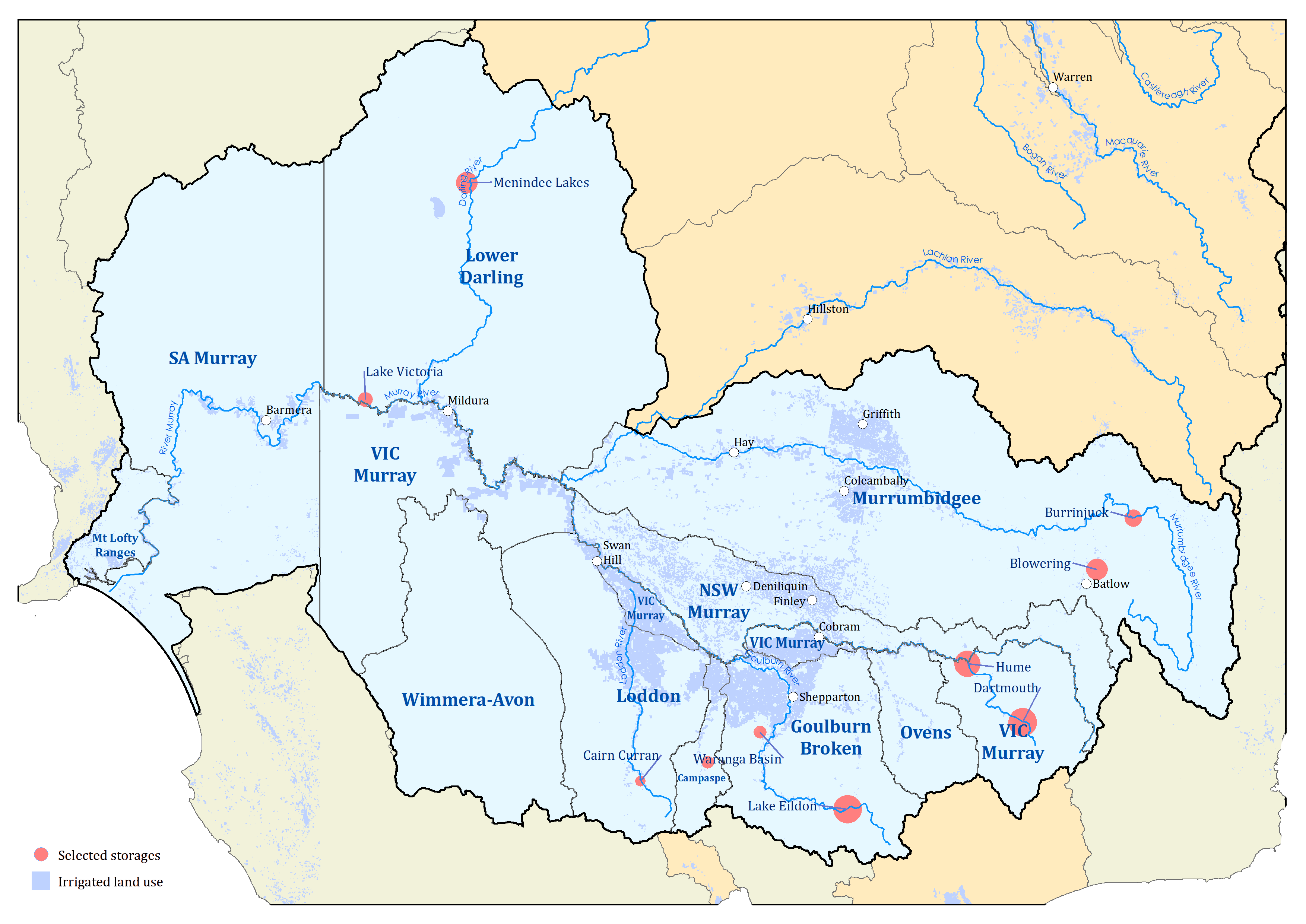 Shows major storages in the southern Murray-Darling Basin. From West to East, Lake Victoria and Menindee Lakes in Lower Darling, Cairn Curran in Loddon, Waranga Basin and Lake Elidon in Goulburn Broken, Hume and Dartmouth along the Murray and Blowering and Burrinjuk in Murrumbidgee