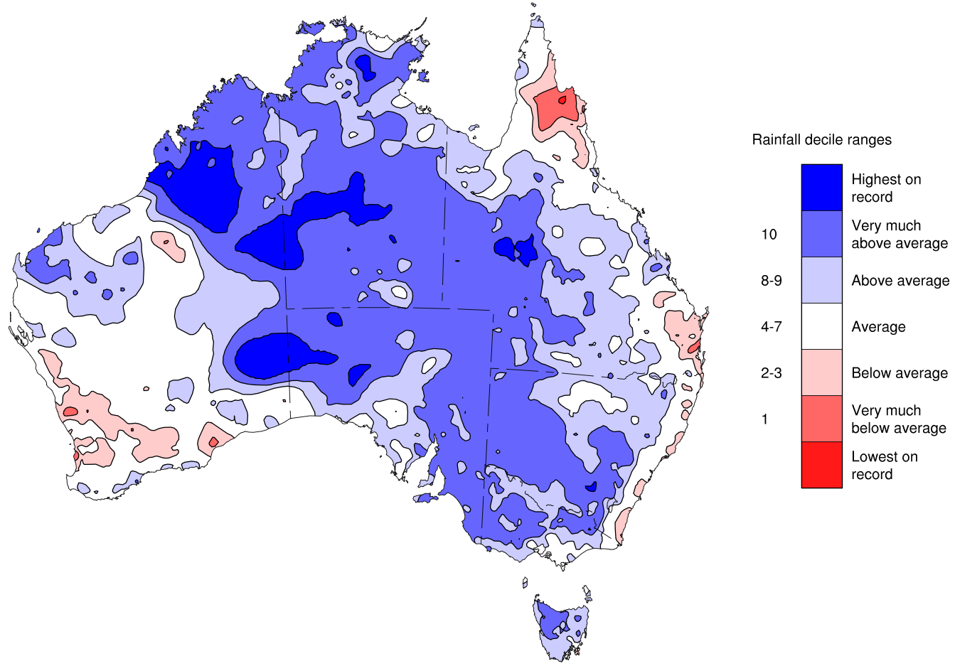 Shows a large very much above average or highest on record rainfall in a band from the north west to the south east.