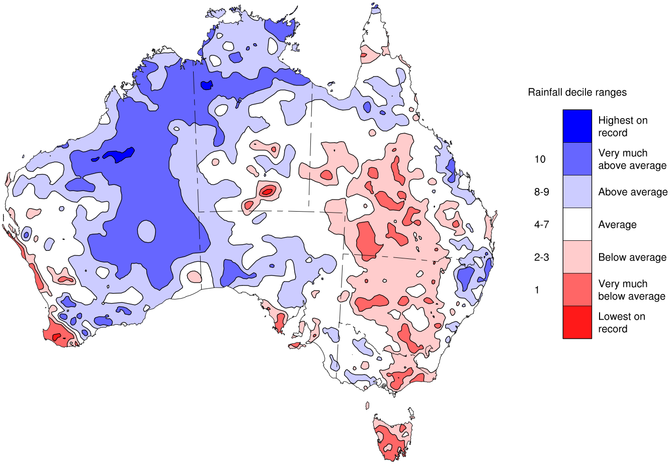Shows that in the second half of the year rainfall was above average for much of central western Australia, and the north east coast. Rainfall was below average for South west Western Australia.