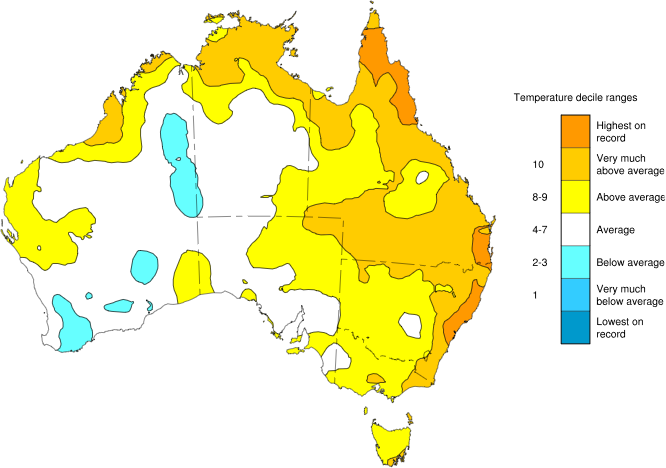 Shows that areas in central and South East Western Australia had below average or average temperatures in contrast to the temperature records in the east.