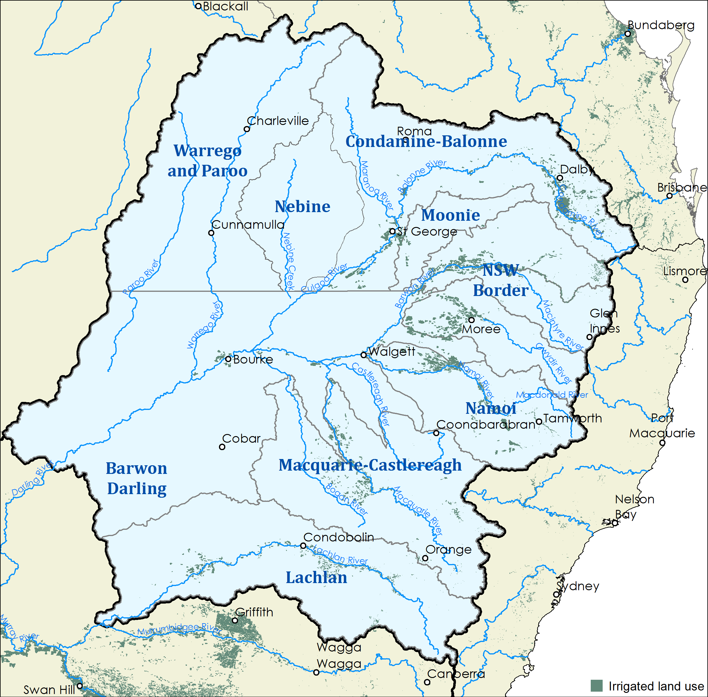 Shows the northern Murray–Darling Basin water systems in New South Wales and Queensland. From west to east in Queensland: Warrego–Paroo, Nebine , Condamine–Balonne, Moonie and Queensland Border Rivers. Down the eastern part of New South Wales from north to south: New South Wales Border Rivers, Gwydir, Namoi, Macquarie–Castlereagh and Lachlan. The Barwon-Darling makes up all of the western part of New South Wales.