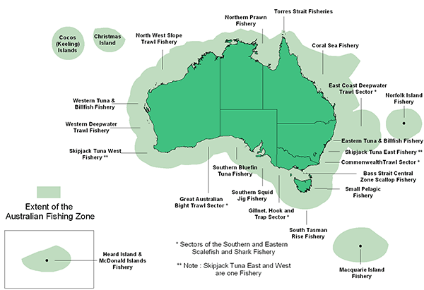 Map showing Australian Fishing Zone and the location of Commonwealth fisheries