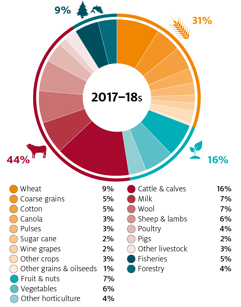 In 2018–19 the value of agricultural production is forecast to be relatively unchanged at $60 billion. The value of production is above the 10-year average of $56 billion (in 2018–19 dollars). Crop production is forecast to be $30 billion and livestock and livestock products are forecast to be $30 billion.
