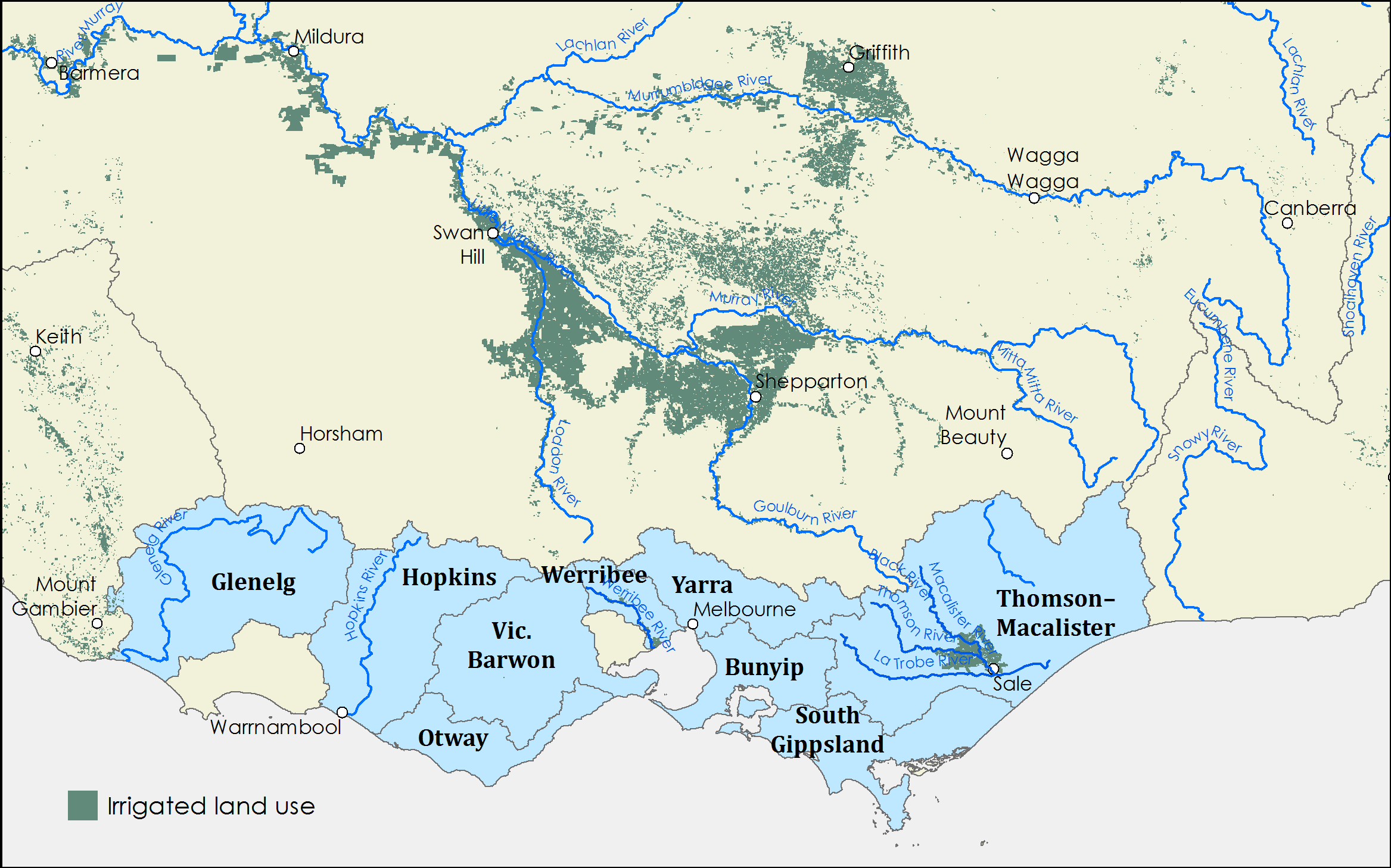 Shows the water systems in southern Victoria. From west to east: Glenelg, Hopkins, Otway, Victorian Barwon, Werribee, Yarra, Bunyip, South Gippsland, and Thomson-Macalister