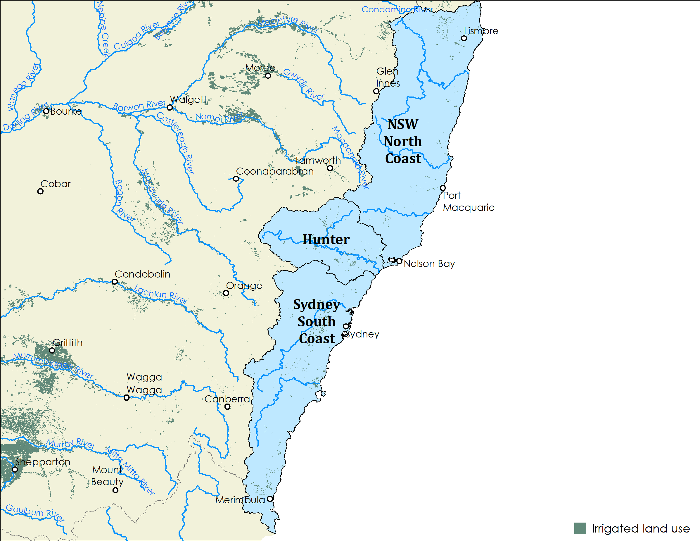 Shows some of the coast water systems outside the Murray-Darling Basin: the NSW North Coast, Hunger and Sydney South Coast.