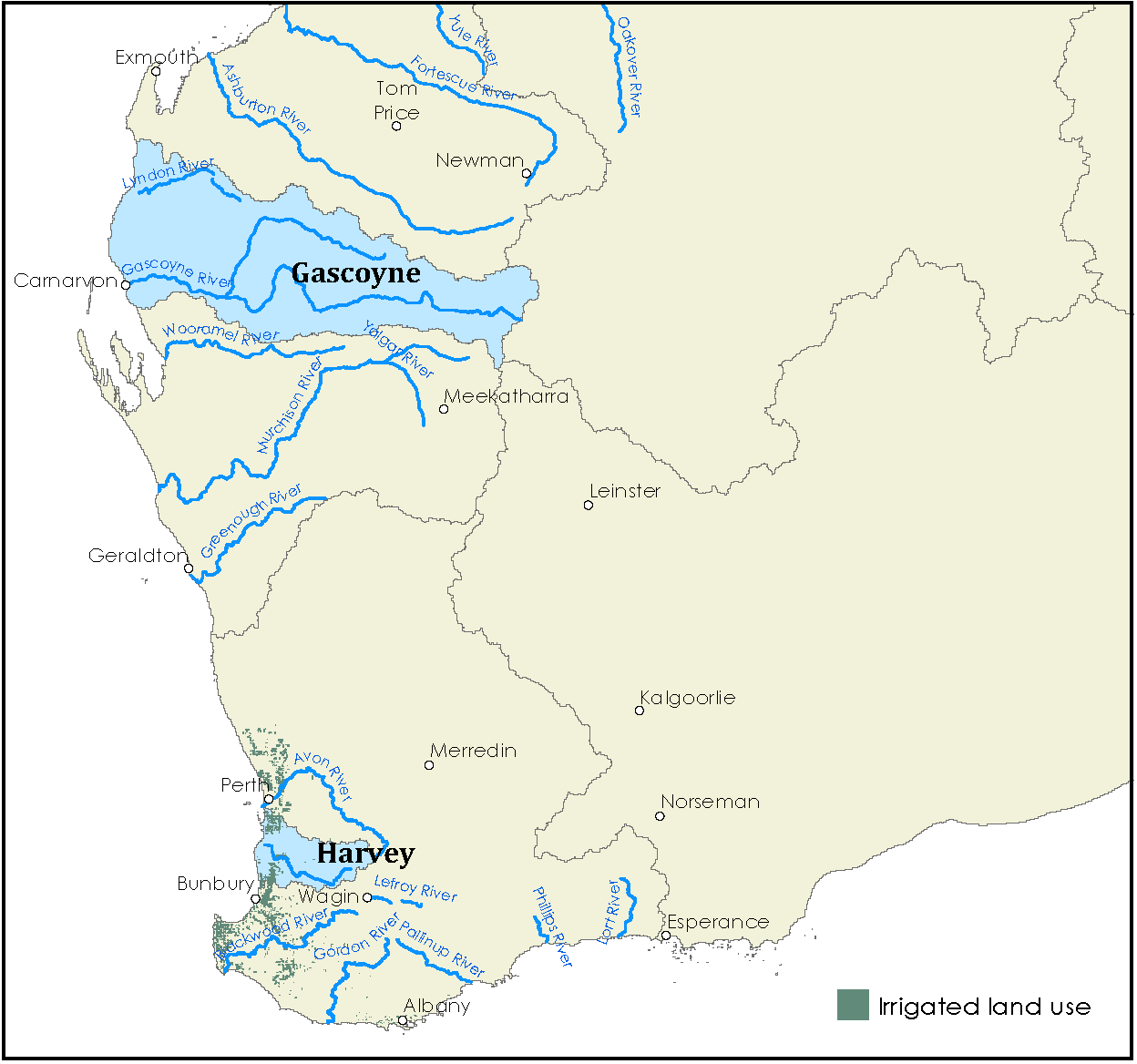 Shows the Gascoyne water region in Western Australia’s north-west and Harvey just south of Perth.