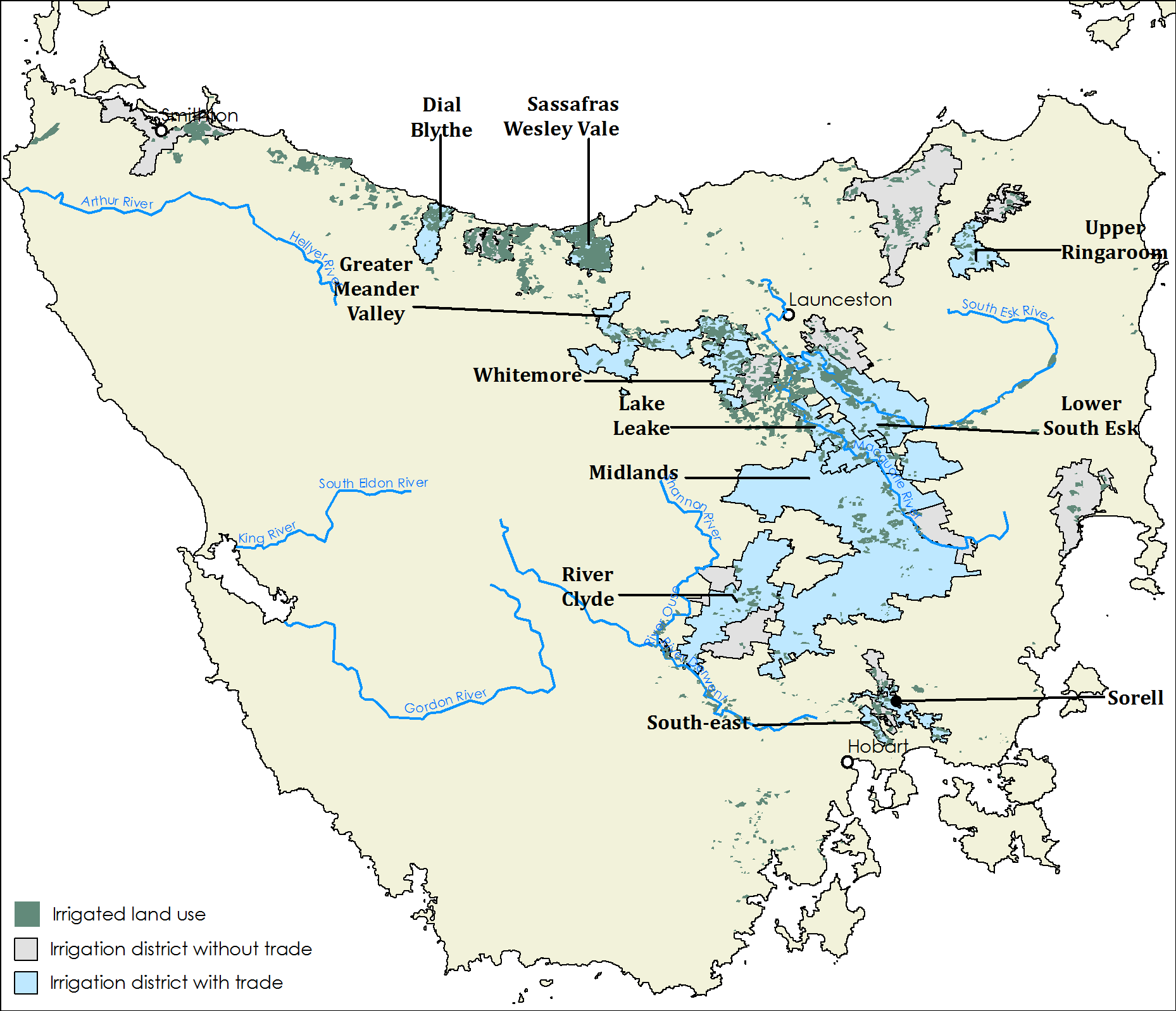 Shows a number of irrigation districts with and without trade. The irrigation districts with trade from the north to the south-east are: Dial Blythe, Sassafras Wesley Vale, Greater Meander Valley, Upper Ringaroom, Whitemore, Lake Leake, Lower South Esk, Midlands, River Clyde, Sorell and South-East.
