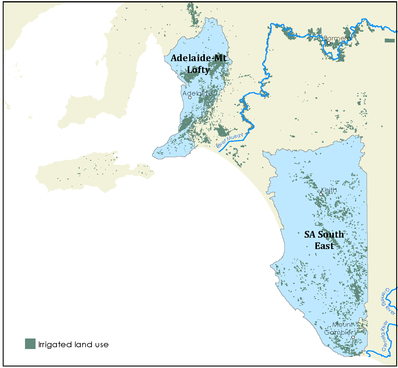 Shows the Adelaide-Mount Lofty region around Adelaide and the South Australia South East region along the southern part of the Victorian border.