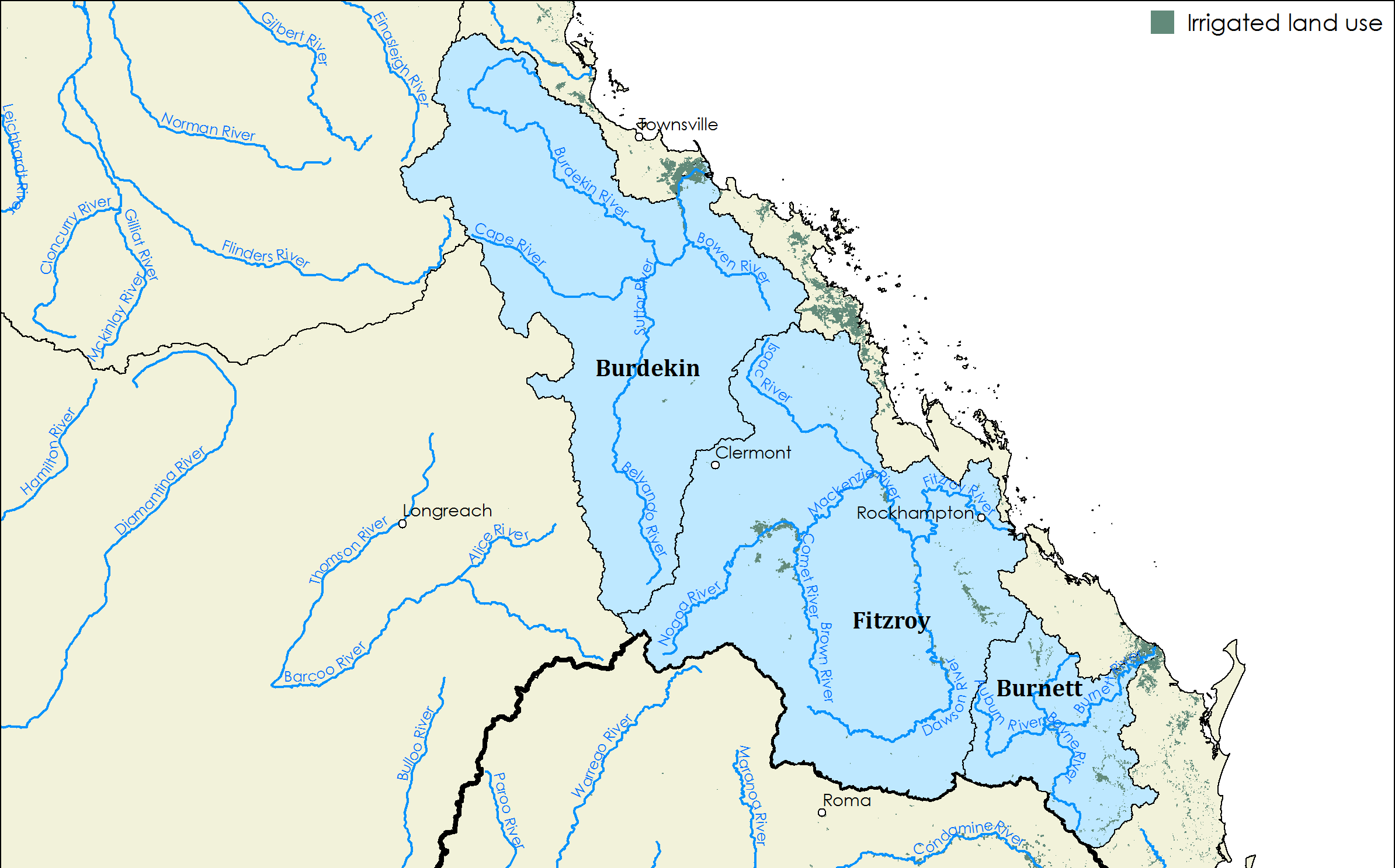 Shows select water systems to the north-east of the Murray-Darling Basin. From north to south: Burdekin, Fitzroy and Burnett.