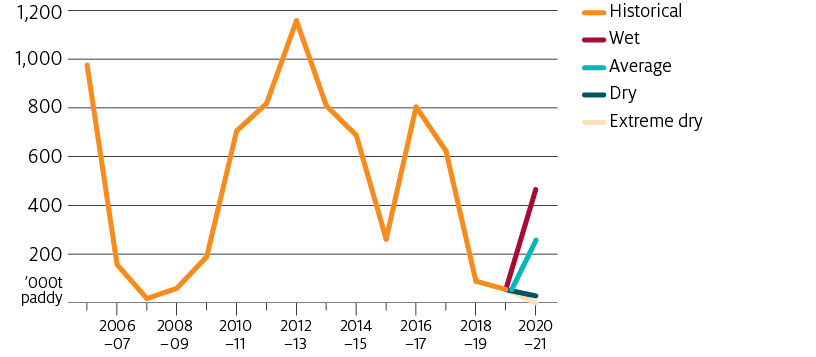 ABARES modelling suggests that a return to average seasonal conditions is likely to increase rice production from 57,000 tonnes in 2019–20 to around 266,000 tonnes in 2020–21. Most of this is produced in the southern Murray–Darling Basin.