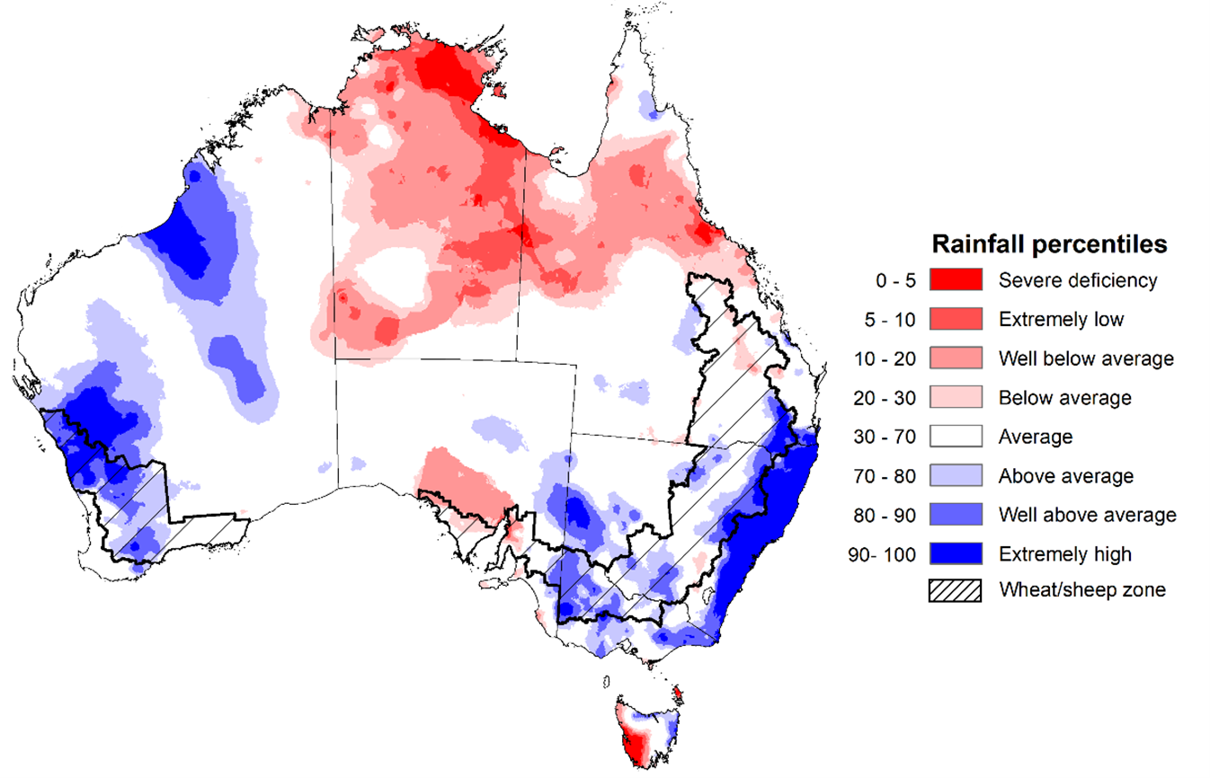 Map showing the rainfall percentiles for the previous month in Australia. Image provided by the Bureau of Meteorology. Please refer to accompanying text for a more detailed description.