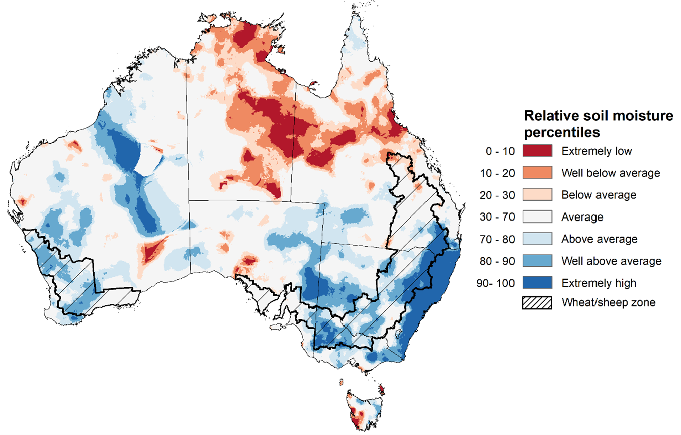 Map showing the upper layer soil moisture for the previous season in Australia. Image provided by the Bureau of Meteorology. Please refer to accompanying text for a more detailed description.