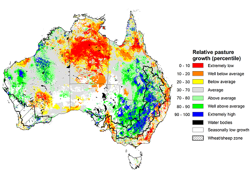 Map showing the relative pasture growth for the previous season in Australia. Image provided by AussieGRASS. Please refer to accompanying text for a more detailed description.