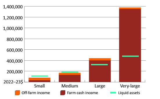 Size groups determined by farm business turnover. Small (less than $250,000), Medium ($250,000 to $750,000), Large ($750,000 to $2million), Very-large (more than $2million). 