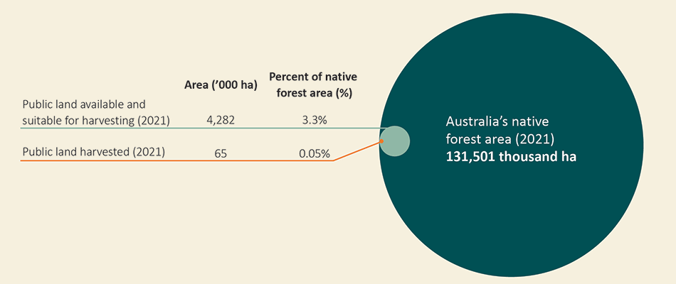 This graph shows 0.05% of Australia’s native forest was sustainably harvested from publicly owned forests in 2020-21.
