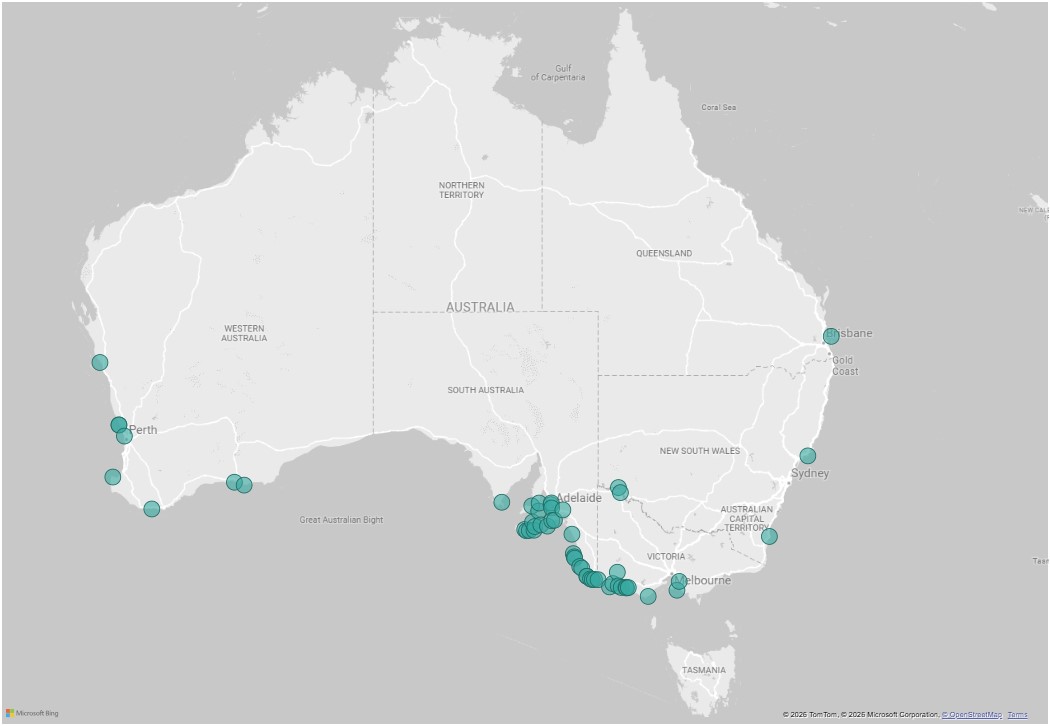 Map of Australia showing distribution of identified H5 bird flu cases