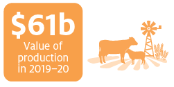 In 2019–20 the value of farm production is forecast to fall by 3% to $61 billion.