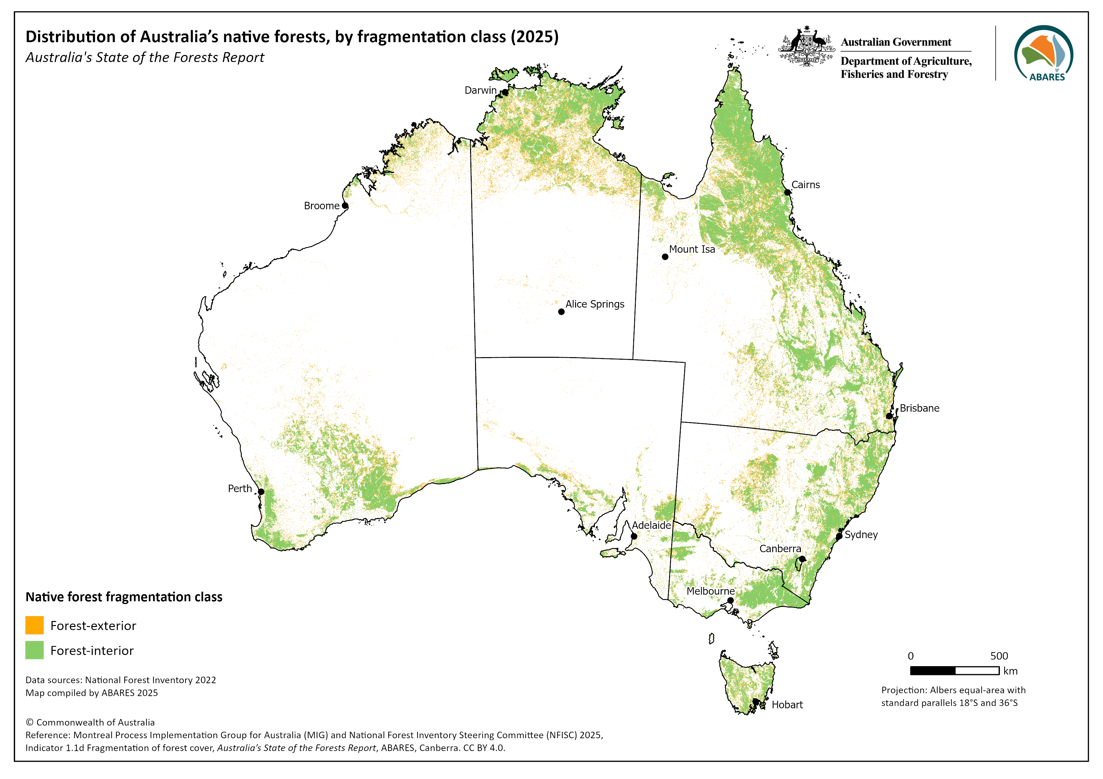 Figure 1.1d-1: Distribution of Australia’s native forests, by fragmentation class