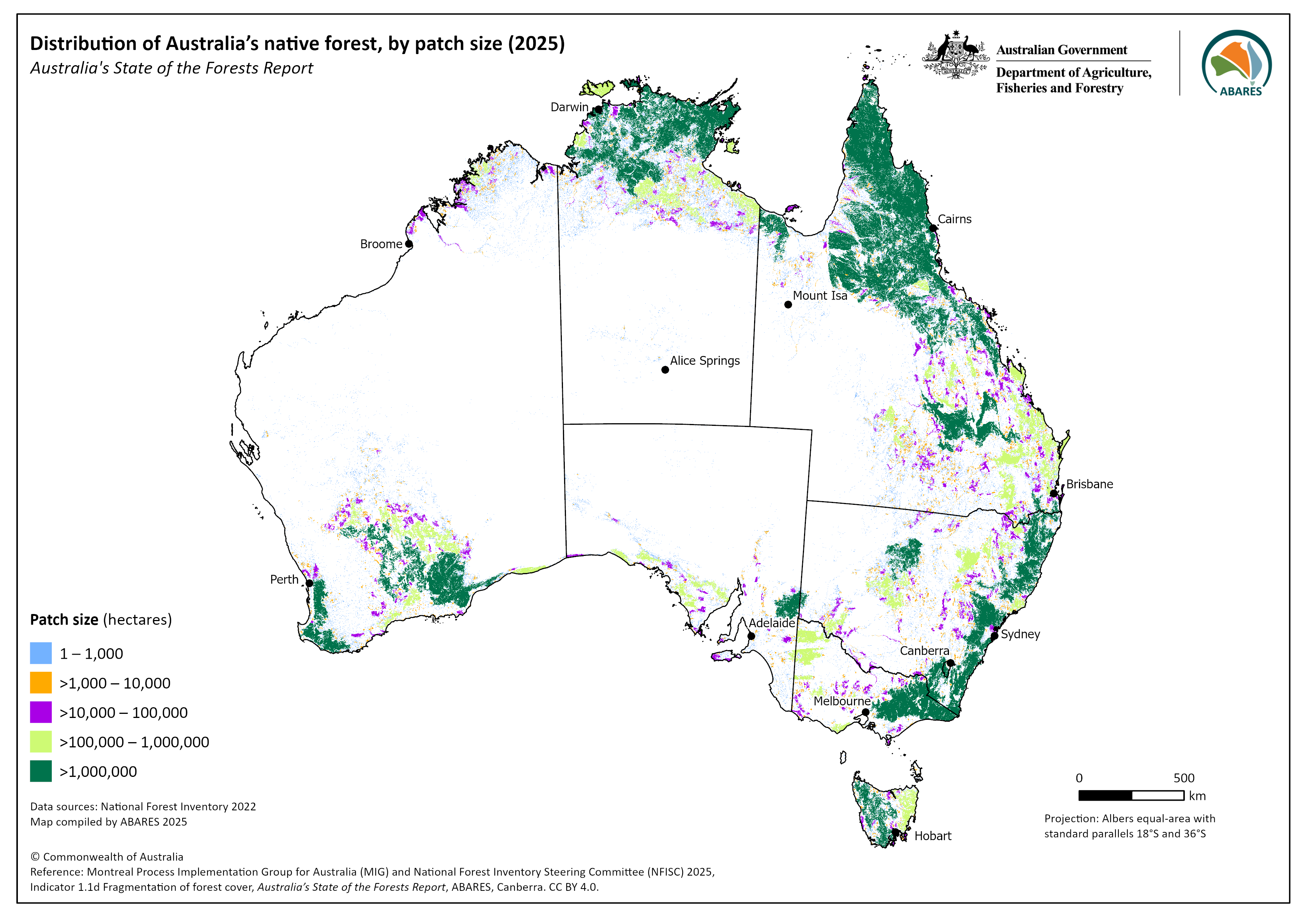 Figure 1.1d-2: Distribution of Australia’s native forest, by patch size