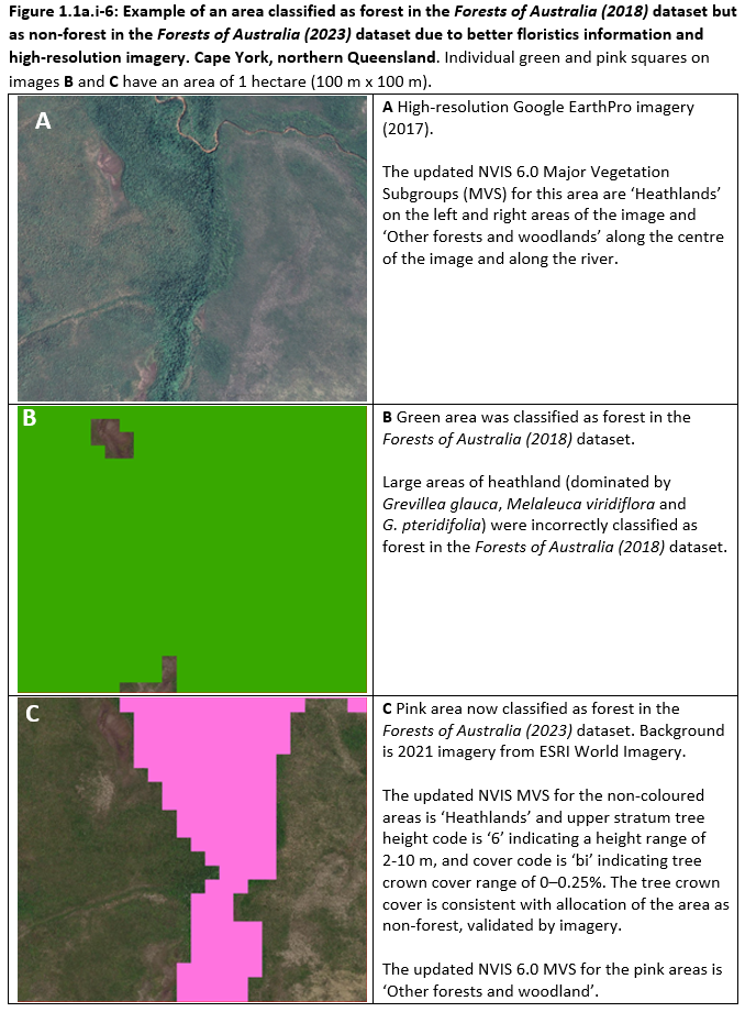 Figure 1.1a.i-6: Example of an area classified as forest in the Forests of Australia (2018) dataset but  as non-forest in the Forests of Australia (2023) dataset due to better floristics information and  high-resolution imagery. Cape York, northern Queensland. 
