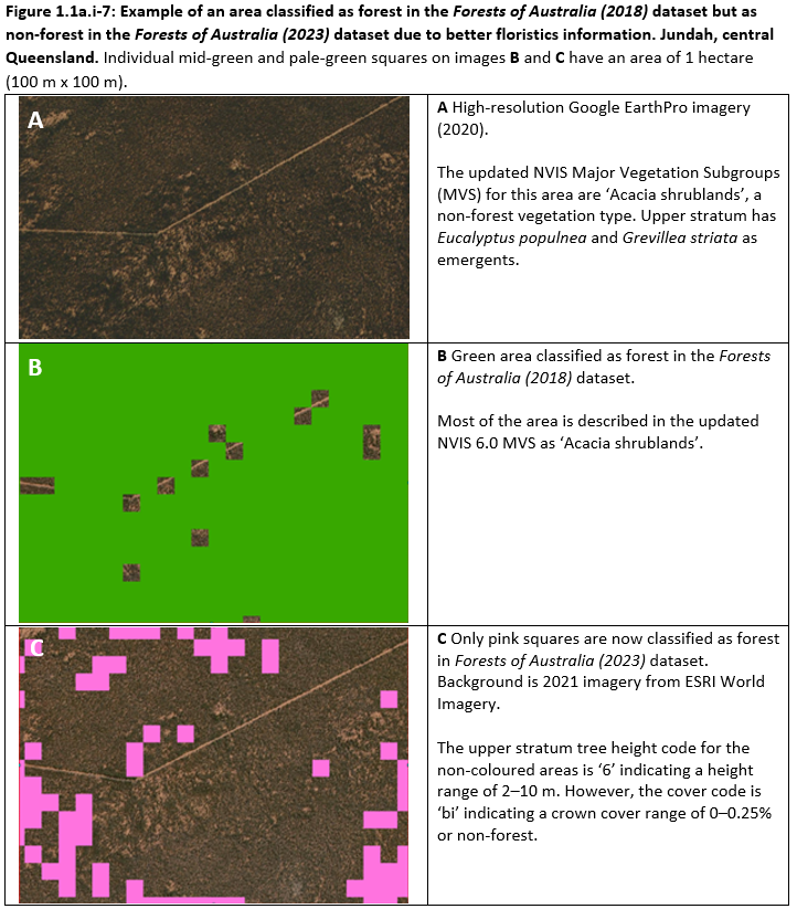 Figure 1.1a.i-7: Example of an area classified as forest in the Forests of Australia (2018) dataset but as  non-forest in the Forests of Australia (2023) dataset due to better floristics information. Jundah, central Queensland