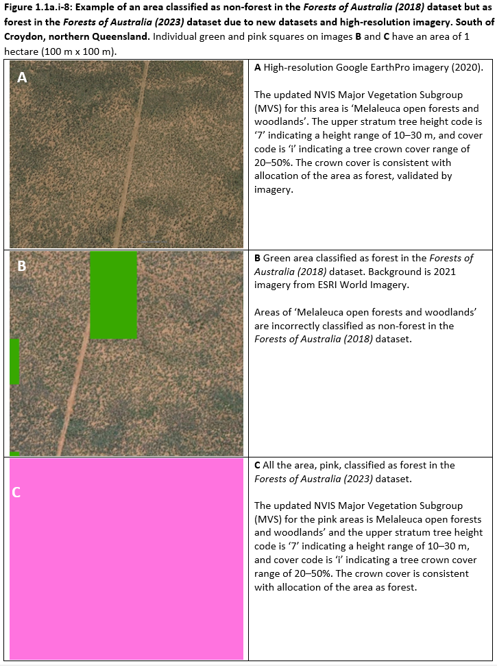 Figure 1.1a.i-8: Example of an area classified as non-forest in the Forests of Australia (2018) dataset but as forest in the Forests of Australia (2023) dataset due to new datasets and high-resolution imagery. South of Croydon, northern Queensland.