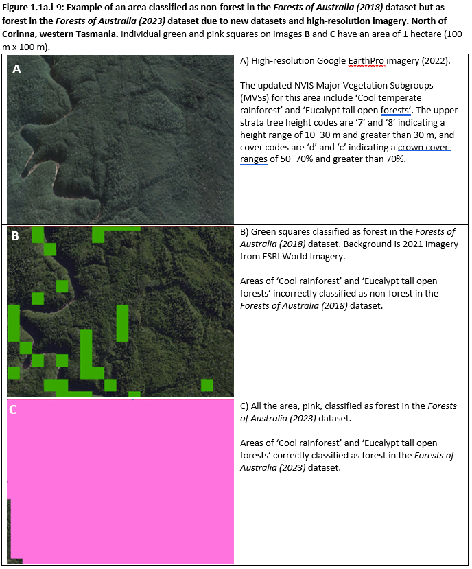 Figure 1.1a.i-9: Example of an area classified as non-forest in the Forests of Australia (2018) dataset but as forest in the Forests of Australia (2023) dataset due to new datasets and high-resolution imagery. North of Corinna, western Tasmania. 