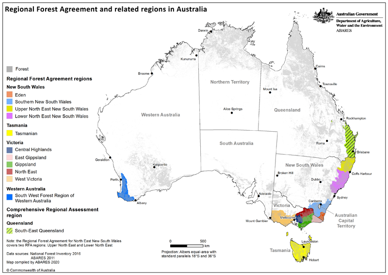 Map of regional forest agreement and related regions in Australia 