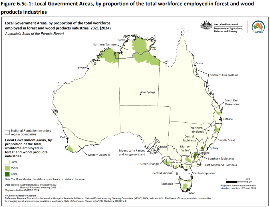 Figure 6.5c-1: Local Government Areas, by proportion of the total workforce employed in forest and wood products industries, which is a map showing the local government areas with more than 20% of their workforce employed in forest and wood products industries.