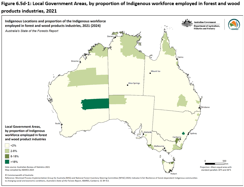 Figure 6.5d-1: Local Government Areas, by proportion of Indigenous workforce employed in forest and wood products industries, 2021. Map showing the location of the Local Government Areas.