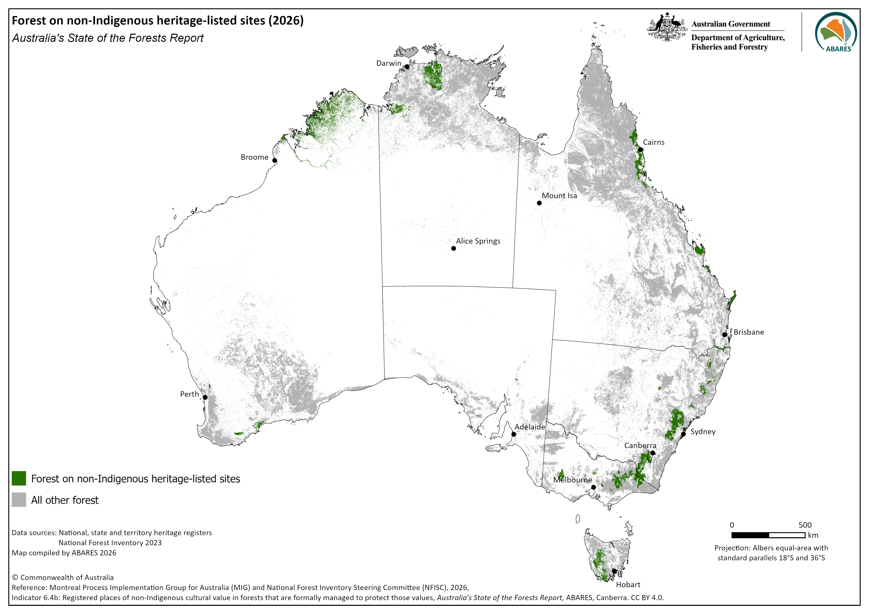 A map of forest on non-Indigenous heritage-listed sites.