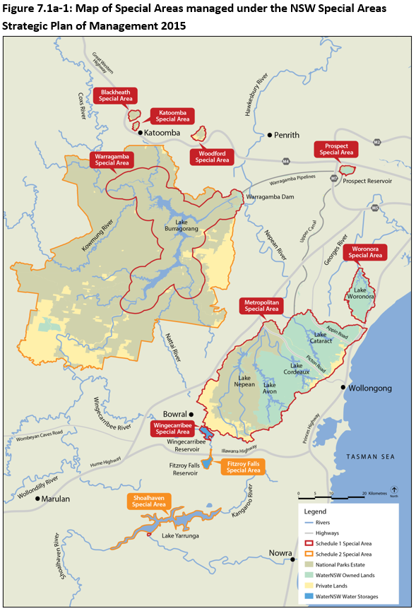 Figure 7.1a-1: Map of Special Areas managed under the NSW Special Areas Strategic Plan of Management 2015. Bound by Nowra and Marulan to the south and Penrith and Katoomba to the north, and includes the Blue Mountains. 