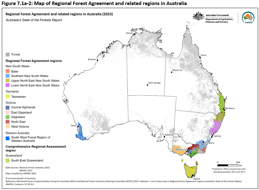 Figure 7.1a-2: Map of Regional Forest Agreement and related regions in Australia