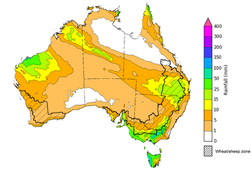 Map of the total forecast rainfall for the next 8 days. Image provided by the Bureau of Meteorology. Please refer to accompanying text for a more detailed description.
