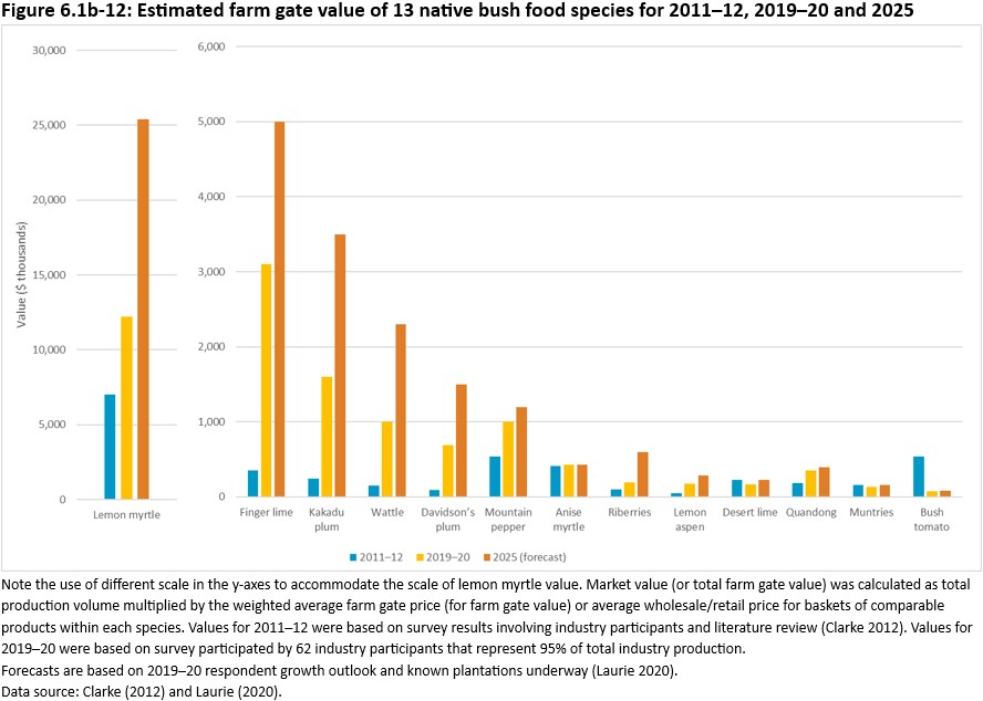 Figure 6.1b-12: Estimated farm gate value of 13 native bush food species for 2011–12, 2019–20 and 2025