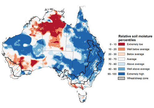 Map showing the lower layer soil moisture for the previous season in Australia. Image provided by the Bureau of Meteorology. Please refer to accompanying text for a more detailed description.