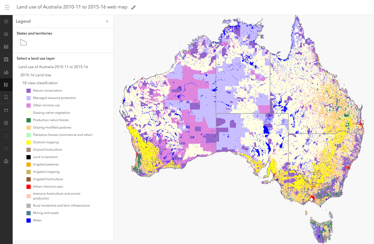 Land use of Australia 20105-16 shown by 18 classes in a webmap. Click to view the webmap.