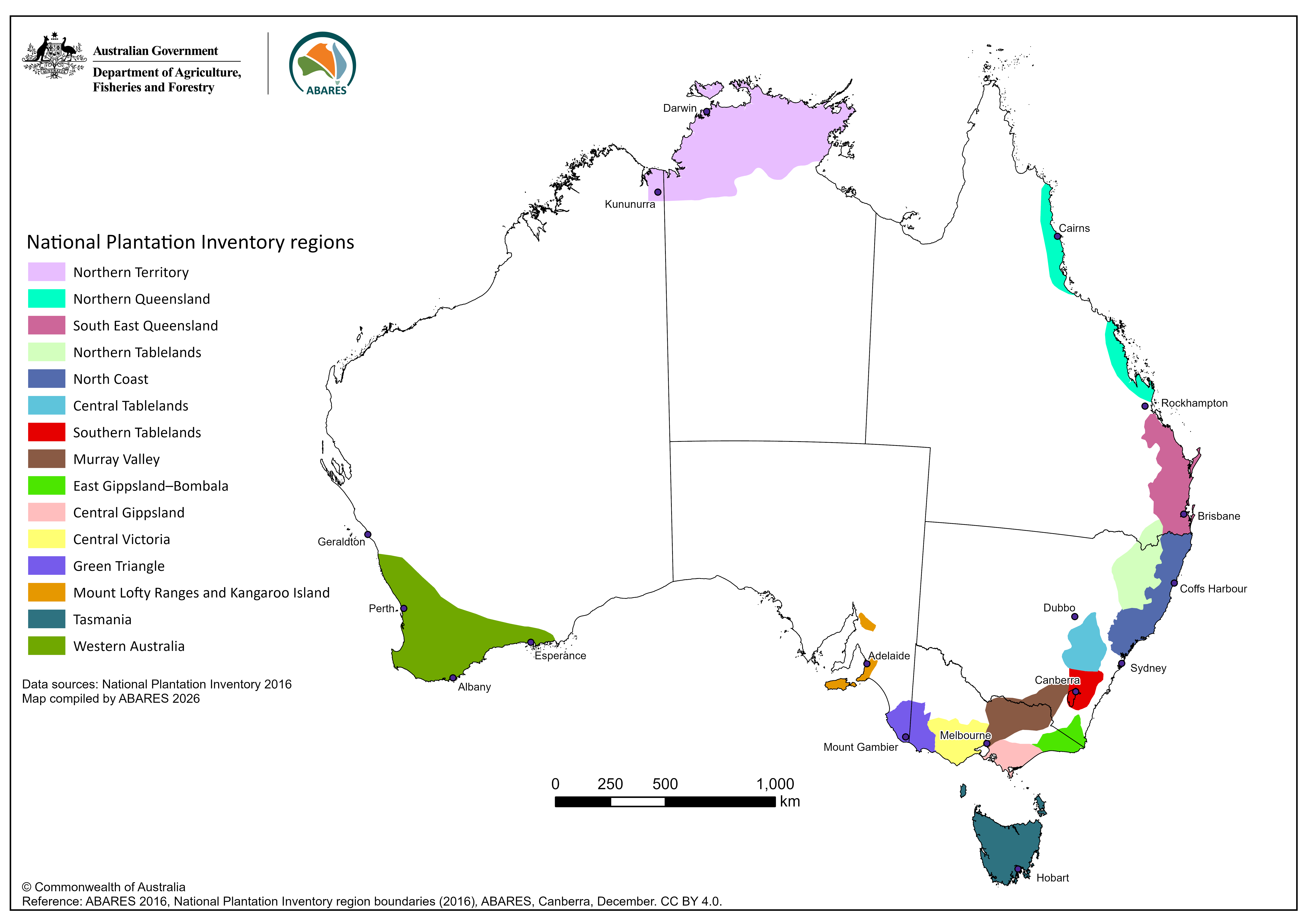 Map of Australia showing National Plantation Inventory regions with distinct colours representing the different regions.