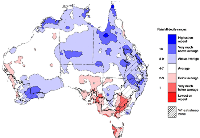 Map showing the rainfall percentiles for the previous month in Australia. Image provided by the Bureau of Meteorology. Please refer to accompanying text for a more detailed description.