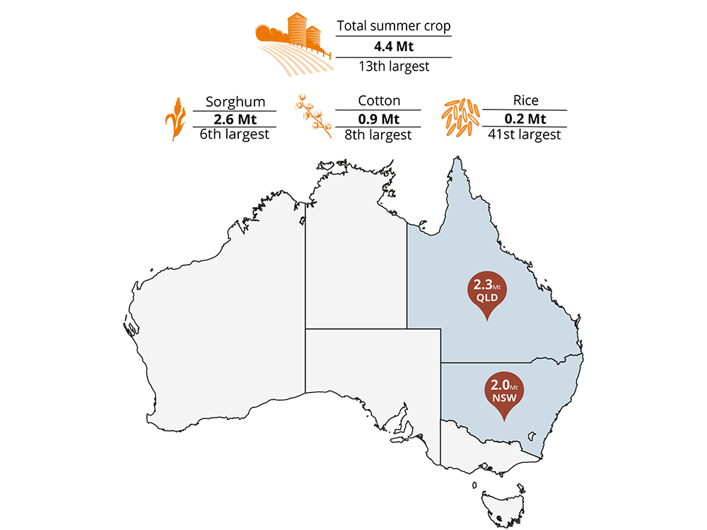 A map of Australia showing total summer crop production including NSW at 2mt and QLD at 2.3mt.