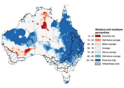 Map showing the upper layer soil moisture for the previous season in Australia. Image provided by the Bureau of Meteorology. Please refer to accompanying text for a more detailed description.