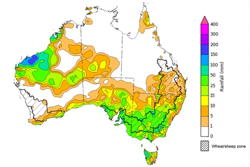 Map showing weekly rainfall totals in Australia. Image provided by the Bureau of Meteorology. Please refer to accompanying text for a more detailed description.